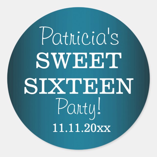 Stylish Sweet 16 Party Stickers : Metallic Blue (Front)