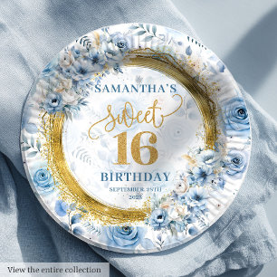 Stylish Sweet 16 Pastel Blue Gold Glitter Plates