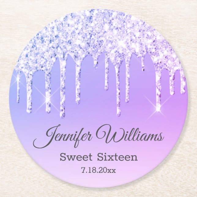 stylish sweet 16 purple dripping glitters chic round paper coaster (Front)