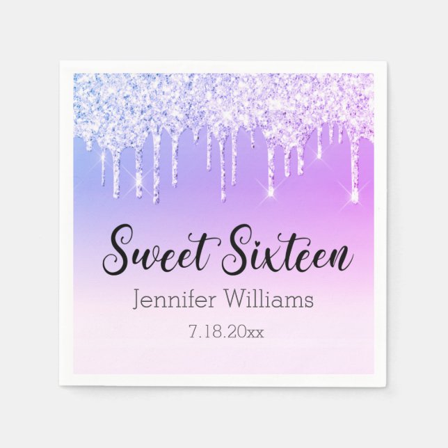 stylish sweet 16 purple silver dripping glitters   napkin (Front)