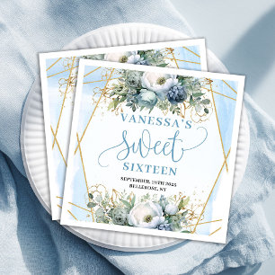 Stylish Sweet Sixteen Blue and Gold Floral Napkins