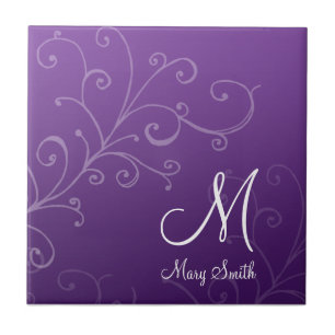 Stylish Swirl Custom Monogram Purple Tile
