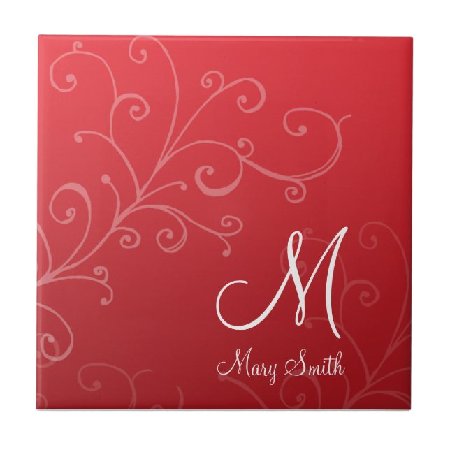 Stylish Swirl Custom Monogram Red Tile (Front)