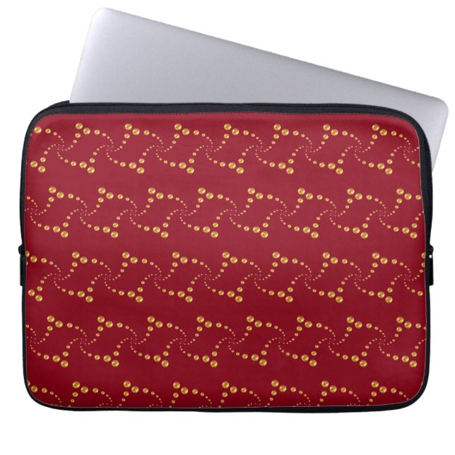 Stylish swirling golden polka dots on burgundy red laptop sleeve (Front)