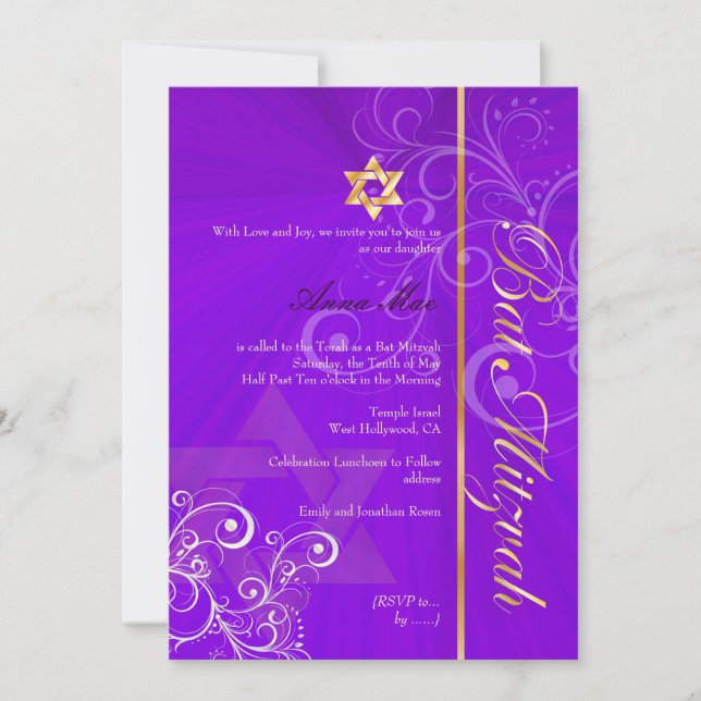 Stylish Swirls Bat Mitzvah/indigo/gold Invitation (Front)