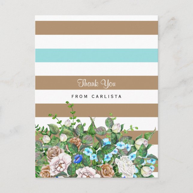 Stylish Tan and Aqua Floral and Stripes Thank You Postcard (Front)