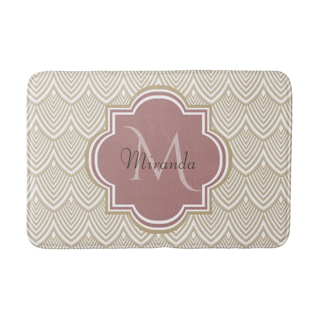 Stylish Tan Arched Scallops Mauve Monogram Name Bath Mat (Front)