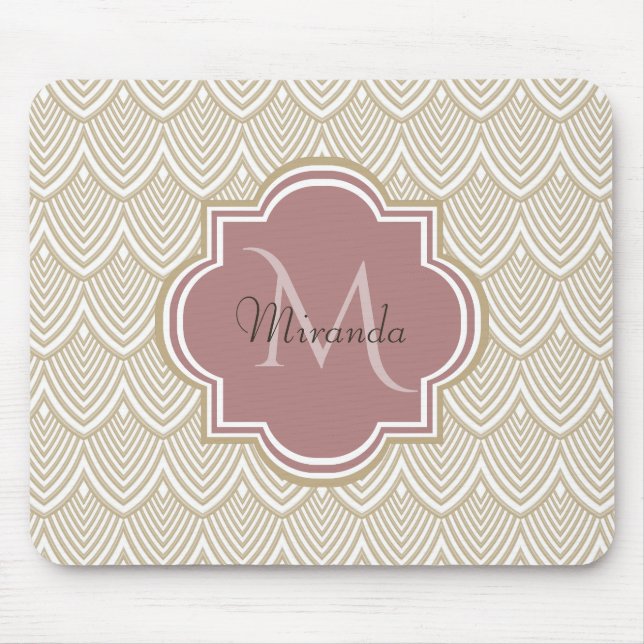 Stylish Tan Arched Scallops Mauve Monogram Name Mouse Mat (Front)