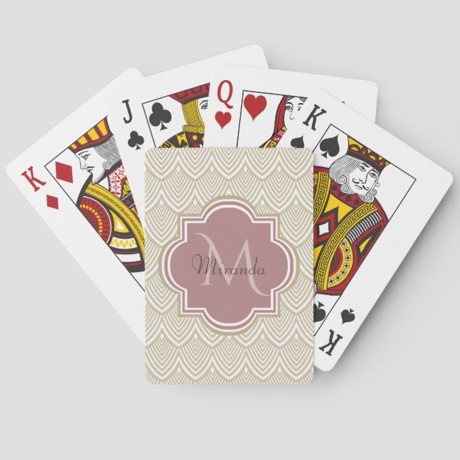 Stylish Tan Arched Scallops Mauve Monogram Name Playing Cards (Back)