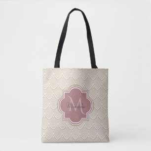Stylish Tan Arched Scallops Mauve Monogram Name Tote Bag