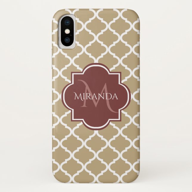 Stylish Tan Quatrefoil Burgundy Monogram and Name Case-Mate iPhone Case (Back)