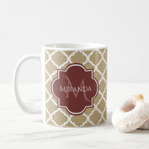Stylish Tan Quatrefoil Burgundy Monogram and Name Coffee Mug