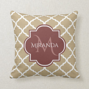 Stylish Tan Quatrefoil Burgundy Monogram and Name Cushion