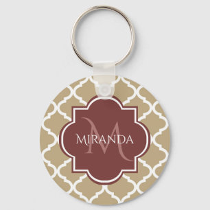 Stylish Tan Quatrefoil Burgundy Monogram and Name Key Ring