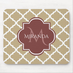 Stylish Tan Quatrefoil Burgundy Monogram and Name Mouse Mat