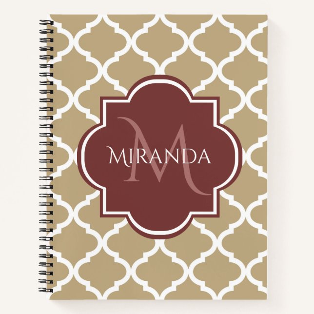 Stylish Tan Quatrefoil Burgundy Monogram and Name Notebook (Front)