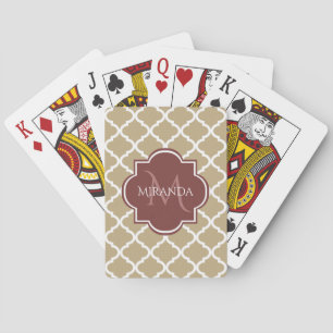 Stylish Tan Quatrefoil Burgundy Monogram and Name Playing Cards