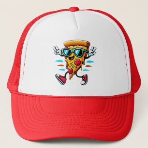 Stylish tasty pizza slice character adds energy trucker hat