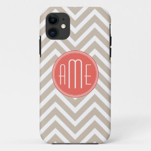 Stylish Taupe and Coral Custom Monogram iPhone 11 Case