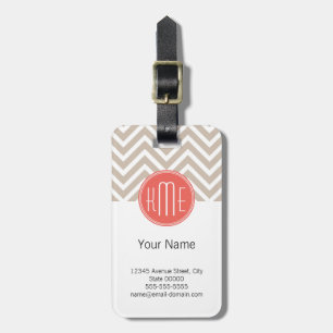 Stylish Taupe and Coral Custom Monogram Luggage Tag