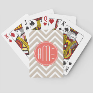 Stylish Taupe and Coral Custom Monogram Playing Cards