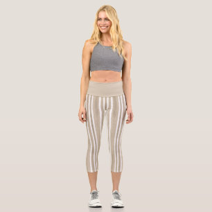 Stylish Taupe Hand Painted Striped Yoga Exercise Capri Leggings