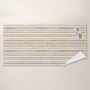 Stylish Taupe Striped Watercolor Daisy Exercise Bath Towel
