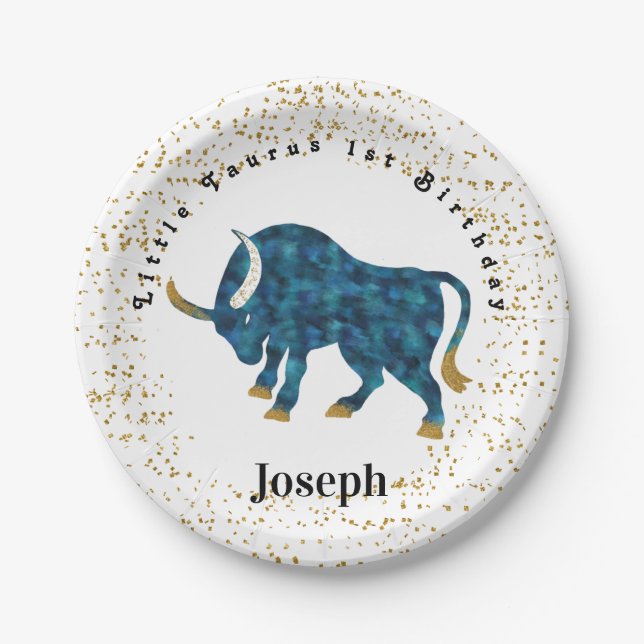Stylish Taurus 1st Birthday & Gold Confetti  Paper Plate (Front)