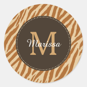 Stylish Tawny Brown Zebra Print Monogram and Name Classic Round Sticker