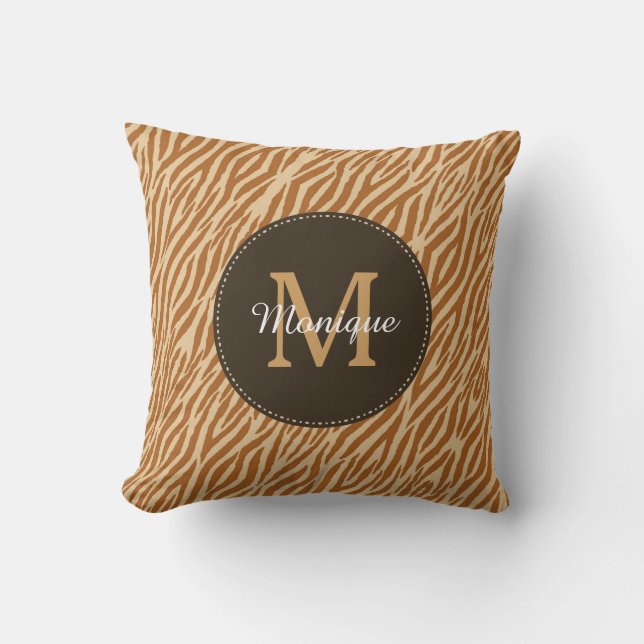 Stylish Tawny Brown Zebra Print Monogram and Name Cushion (Front)