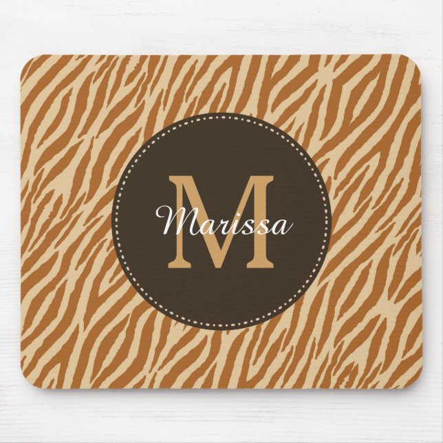 Stylish Tawny Brown Zebra Print Monogram and Name Mouse Mat (Front)