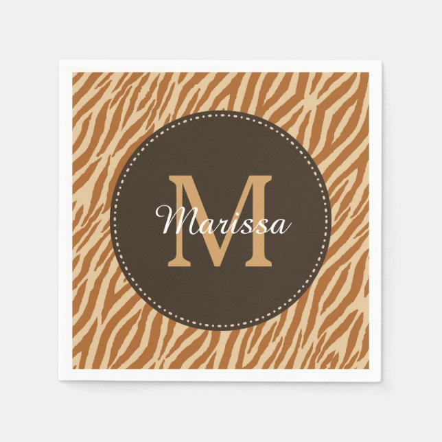 Stylish Tawny Brown Zebra Print Monogram and Name Napkin (Front)