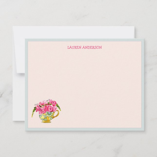 Stylish Tea cup with pink roses flat Thank you Card (Front)