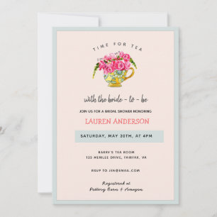 Stylish Tea Party pink and blue Bridal shower Invitation