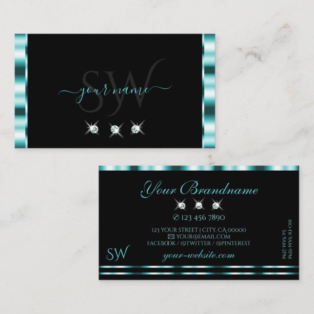 Stylish Teal and Black Sparkling Diamonds Monogram Business Card (Front/Back)