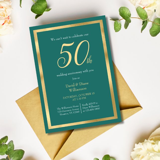 Stylish Teal and Gold Fiftieth Wedding Anniversary Invitation (Creator Uploaded)