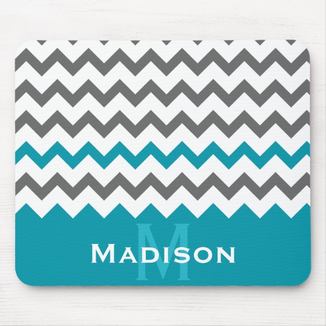 Stylish Teal and Grey Chevron Pattern Mouse Mat (Front)