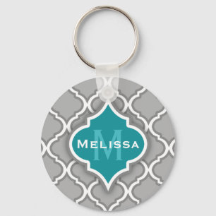 Stylish Teal and Grey Moroccan Tile Pattern Key Ring