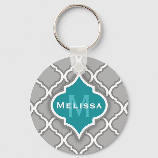 Stylish Teal and Grey Moroccan Tile Pattern Key Ring (Front)