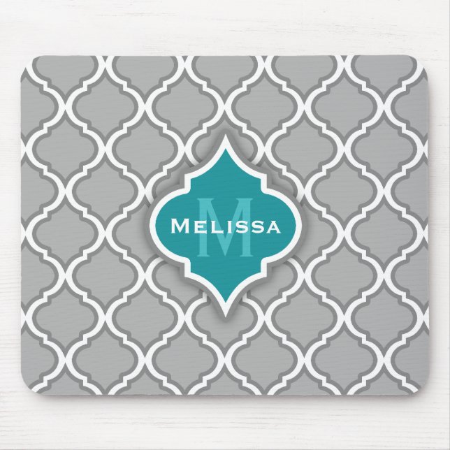 Stylish Teal and Grey Moroccan Tile Pattern Mouse Mat (Front)