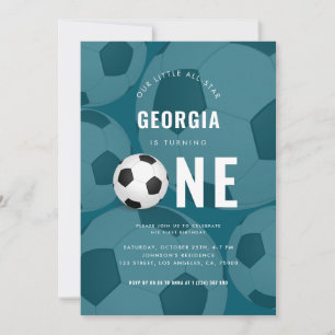 Stylish Teal Ball Soccer Theme 1st Birthday Party Invitation