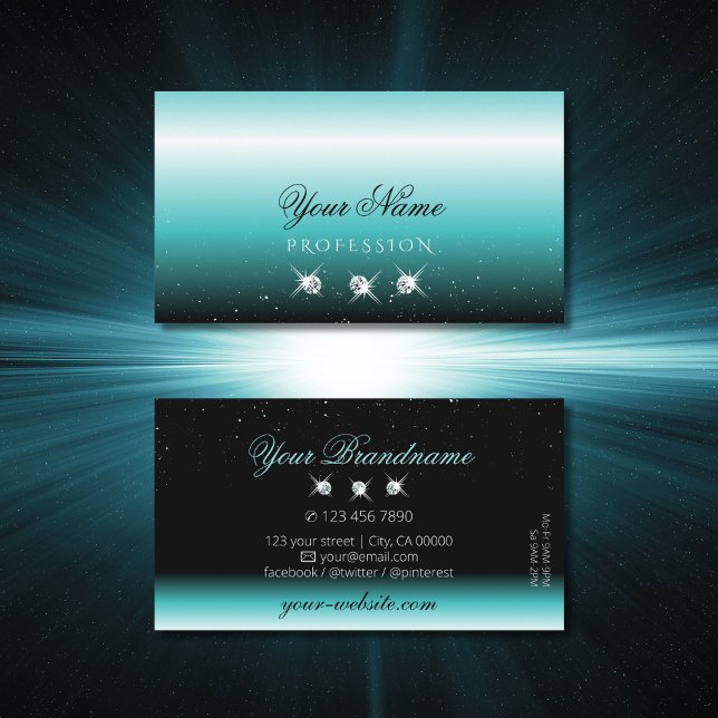 Stylish Teal Black Ombre Sparkle Diamonds Elegant Business Card (Creator Uploaded)