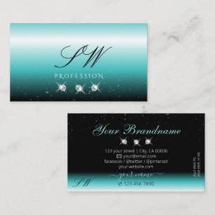 Stylish Teal Black Ombre Sparkle Diamonds Monogram Business Card