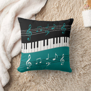 Stylish Teal Black White Piano Keys and Notes Cushion