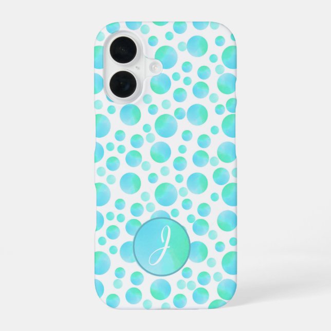 Stylish Teal Blue Bubbles Modern Custom Monogram  iPhone 16 Case (Back)