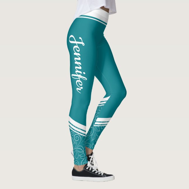 Stylish teal blue floral white stripes and name leggings (Right)