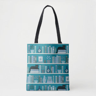 Stylish Teal Blue Folk Art Books & Cat lovers Tote Bag