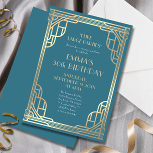 Stylish Teal Blue Gold Gatsby 30th Birthday Party  Invitation