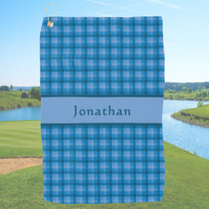 Stylish Teal Blue Plaid Personalized Name Golf Towel