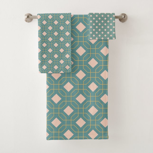 Stylish Teal Blush Mid Century Modern Pattern Bath Towel Set (Insitu)